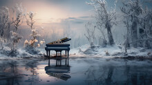 A Black Piano Stands Outside In The Forest In Winter