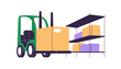 © Good Studio - Forklift loading, unloading box package on warehouse shelves. Cargo storage, stockroom. Cardboard stored in storehouse, lifter and loader machine. Flat vector illustration isolated on white background