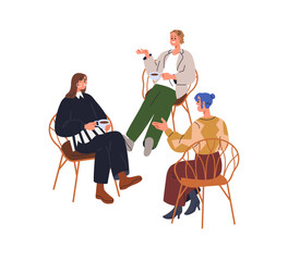 Wall Mural - Girls friends talking together, discussing. Happy women sitting in chairs, chatting in speaking club. Female group communication, conversation. Flat vector illustration isolated on white background