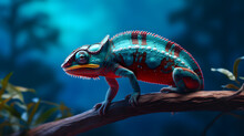 A Colorful Chameleon On A Branch  On Blue Background