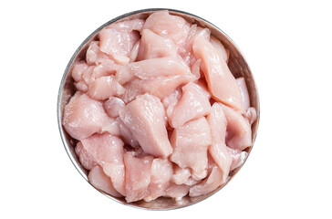 Sticker - Uncooked sliced poultry meat, Raw Diced chicken breast fillets in rustic skillet.  Transparent background. Isolated