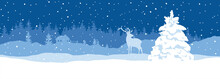 Abstract Landscape With A Snowy Forest, Small House And Deer. Narrow Vector Illustrations, Christmas Wallpaper.	