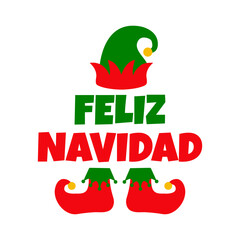 Poster - Tiempo de Navidad. Logo con palabra Feliz Navidad en español con sombrero y botas de elfo de Santa Claus para su uso en tarjetas y felicitaciones