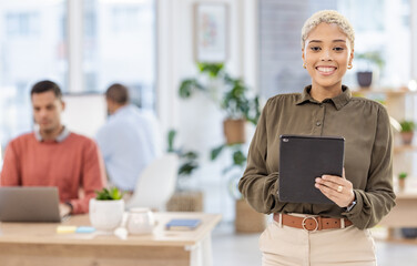 Aufkleber - Office portrait, black woman and tablet for online research, business leadership and startup company management. Happy manager, worker or person with goals for Human Resources and employees workflow