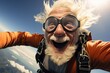 old man skydiving with ecstatic expression