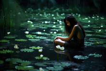 Young Woman Sitting On Rock In Pond With Lily Pads And White Flowers, Serene And Tranquil