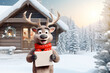 Cute reindeer shows a blank sign in front of a small cottage in the mountains covered all over with snow