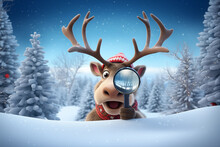 Funny Reindeer Rendering Looks Through A Magnifying Glass In Front Of A Christmasy Snow Scenery