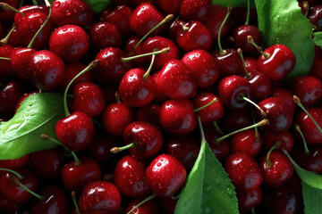 Fresh and ripe cherries with water droplets and green leaves