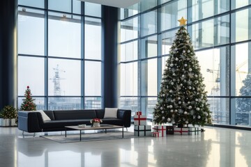 Sticker - office , hotel lobby with panoramic windows and a decorated Christmas tree