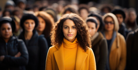 Poster - Stand out from the crowd concept with  woman standing out from large crowd of people