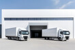 © Denis - two trucks standing next to a white warehouse building