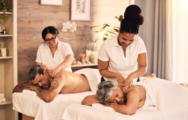 Sticker - Relax, happy and an old couple at the spa for a massage together for peace, wellness or bonding. Luxury, hospitality or body care with a senior woman and man in a beauty salon for physical therapy