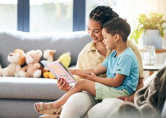 Sticker - Book, reading and mother with kid in living room for storytelling on sofa of happy home, teaching and bonding fun. Love, learning and mom with child, fantasy story on couch and quality time together.