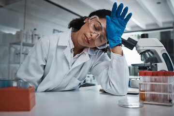 tired woman, doctor and scientist sleeping with headache at night suffering from burnout or overwork
