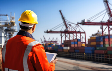 Canvas Print - Engineer with tablet from behind in a port full of containers