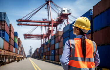 Canvas Print - Engineer  from behind in a port full of containers