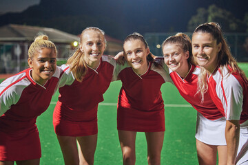 Sticker - Team, sport and soccer portrait with women before fitness, training and sports game. Diversity, smile and happiness of teamwork and exercise collaboration on a soccer field ready for football