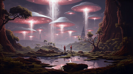 Wall Mural - large mushroom-like extra terrestrial creatures hovering above a landscape