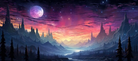 Wall Mural - mountain fantasy planet landscape. drawing illustration design. generative ai technology.