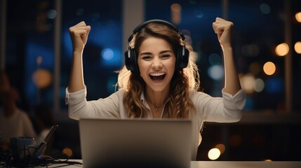 Poster - Happy woman wearing call center agent headset at the office screaming proud, Celebrating victory and success very excited with raised arms.