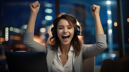 Poster - Happy woman wearing call center agent headset at the office screaming proud, Celebrating victory and success very excited with raised arms.