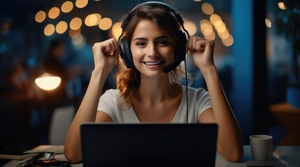 Poster - Happy woman wearing call center agent headset at the office screaming proud, Celebrating victory and success very excited with raised arms.