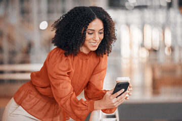 Aufkleber - Business woman, coffee cup and typing with phone for social network, mobile website and digital contact. Happy worker, drinking and texting on smartphone tech while reading app notification in office