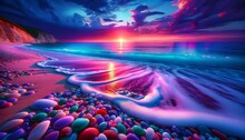 Sunset Over Colorful Pebbled Beach With Dramatic Sky And Waves.Generative AI