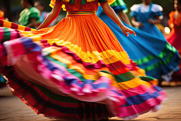 Canvas Print - Dancers with Colorful skirts fly during traditional Mexican dancing
