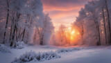 Fototapeta  - Winter Snow Forest at Sunset