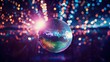 Sparkling disco ball, radiating shimmering lights in a vibrant and energetic atmosphere. Generative Ai.