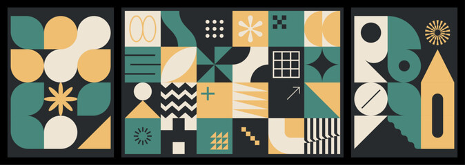 Wall Mural - Set of neo geometric patterns with brutalist shapes. Modern, minimalist figures and symbols. Abstract flat vector illustrations for background, poster, cover, branding or web.