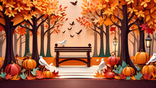 A Lovely Autumn Park With Benches And Lanterns In Paper Cut 3d Style. Place For Text. Border Frame, Thanksgiving Invitation Card. Fall Scene, October Garden With Flowers And Birds