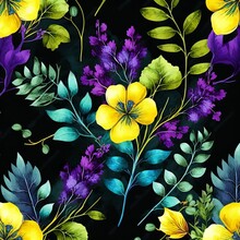 Watercolor Hand Painted Purple And Yellow Flowers, Green Leaves. Seamless Floral Pattern, Elegant Botanical Background, Bohemian Textile Design Black Bouquet Yellow Violet  Generative AI 