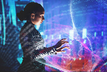 Leinwandbilder - Woman, metaverse and global network with hologram, futuristic and security with connection, digital and software. Holographic, world or future with web design, cyber or 3d with virtual reality or ai