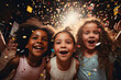 Child birthday concept. Happy multicultural kids having fun celebrating birthday party together with confetti.