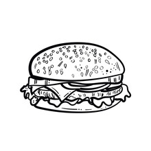 Tasty Hamburger Hand Drawn With Contour Lines On White Background. Drawing Of Juicy Burger Or Sandwich With Meat, Cheese And Vegetables, Delicious Fast Food Meal. Monochrome Illustration