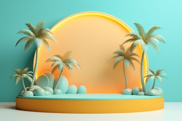 Wall Mural - Tropical island stage podium with palm trees and sea paper cut art background.