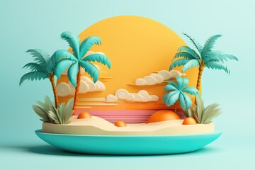 Sticker - Tropical island stage podium with palm trees and sea paper cut art background.