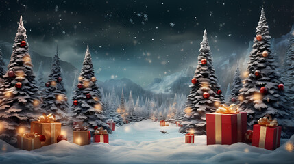 Wall Mural - snowy christmas night with christmas trees and some presents on the snow, in the style of photo-realistic landscapes, red and aquamarine, large-scale canvas, dark crimson and gold