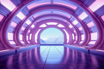 Wall Mural - Technology virtual background. Gaming cyber backdrop, neon colored illuminated floor and wall. Tech, metaverse and futuristic concept. 