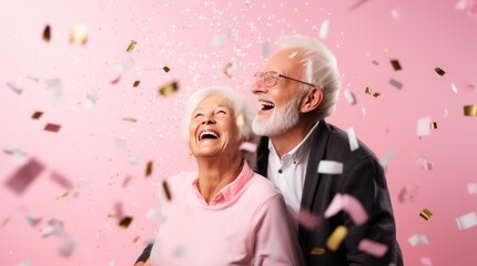 happy senior couple celebrating New Year at party with confetti on pink background. Retired married people. Happy long marriage. Festive poster of elderly person at holiday celebration