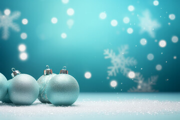 christmas card - holiday baubles and decorative snowflakes on a turquoise pastel background - with s
