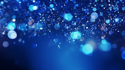 Sapphire glitter bokeh background with shimmering royal blue sparkles and crystal droplets