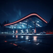 Gas station illuminated at night.