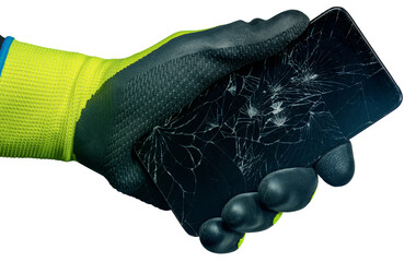 Hand with green and black protective work glove holding a modern smartphone with the broken touch screen, isolated on white or transparent background, png.