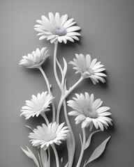 Monochrome photo of white flowers, two daisies, made of flowers, 3d, ultra hd