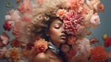 Fototapeta  - The concept of hair care with means that improve their condition. Beautiful girls with model faces have bouquets of flowers in their hair.
