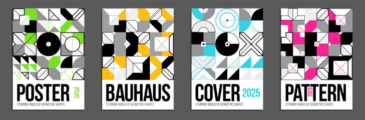 Wall Mural - Abstract geometric posters and covers set, vector background pattern magazine or catalog templates, technic style geometric shapes composition.